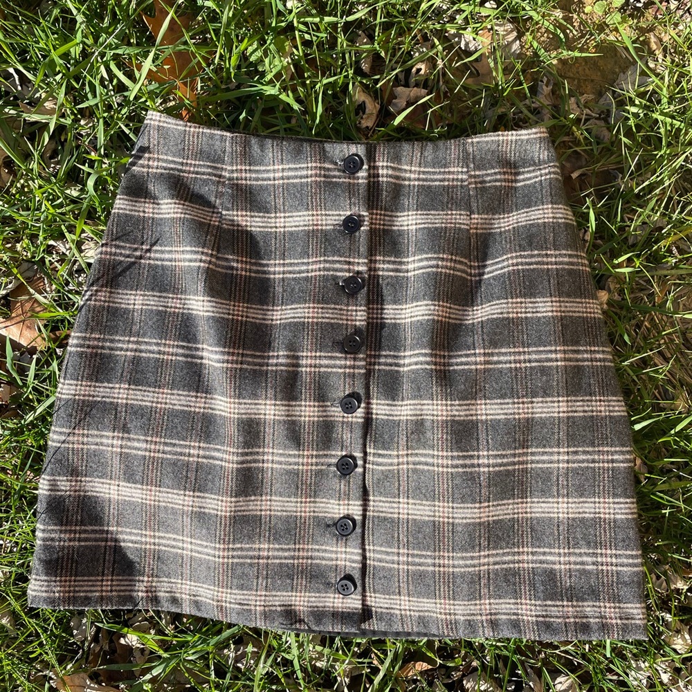 Plaid mini skirt black buttons up the front